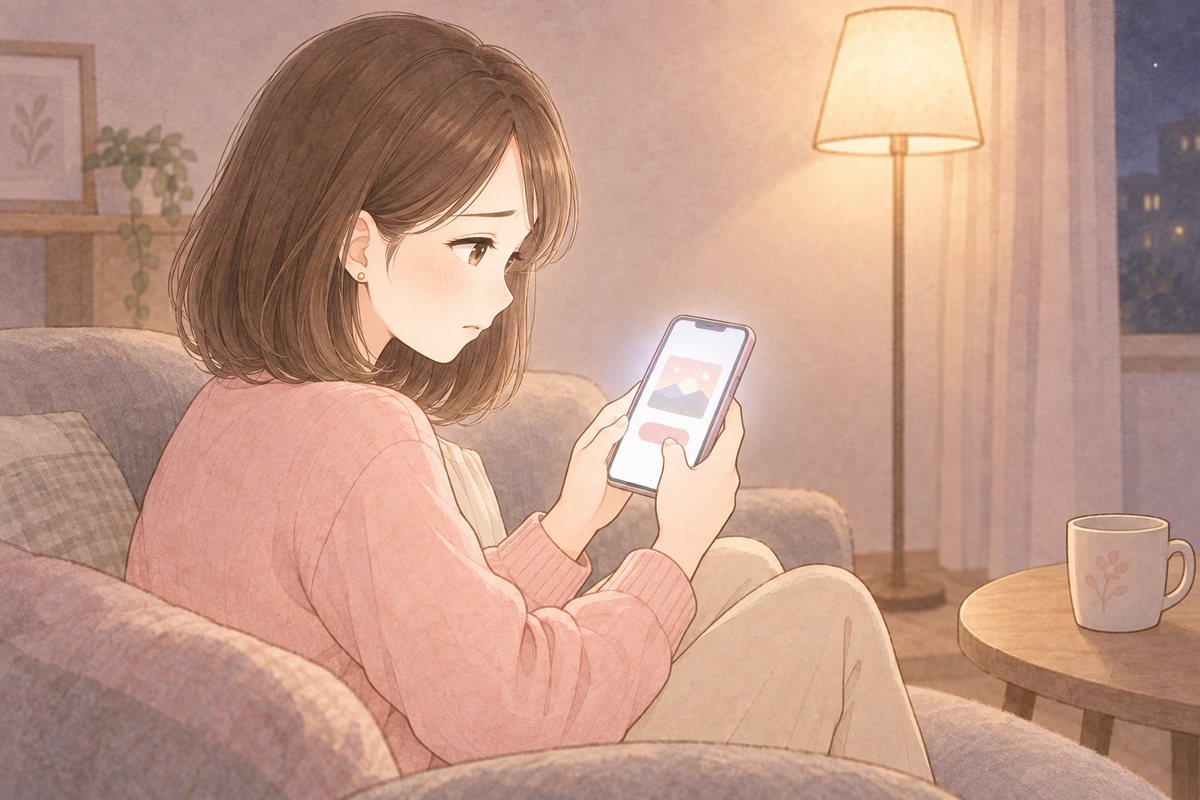夜、ソファでスマホを持ったまま、投稿ボタンの手前で指が止まっているちほのイラスト