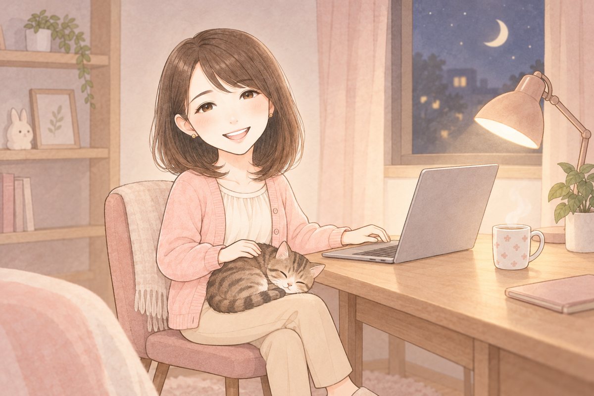 夜、デスクライトの下でノートPCに向かい、膝の上の猫とマグカップのそばで作業しているちほのイラスト